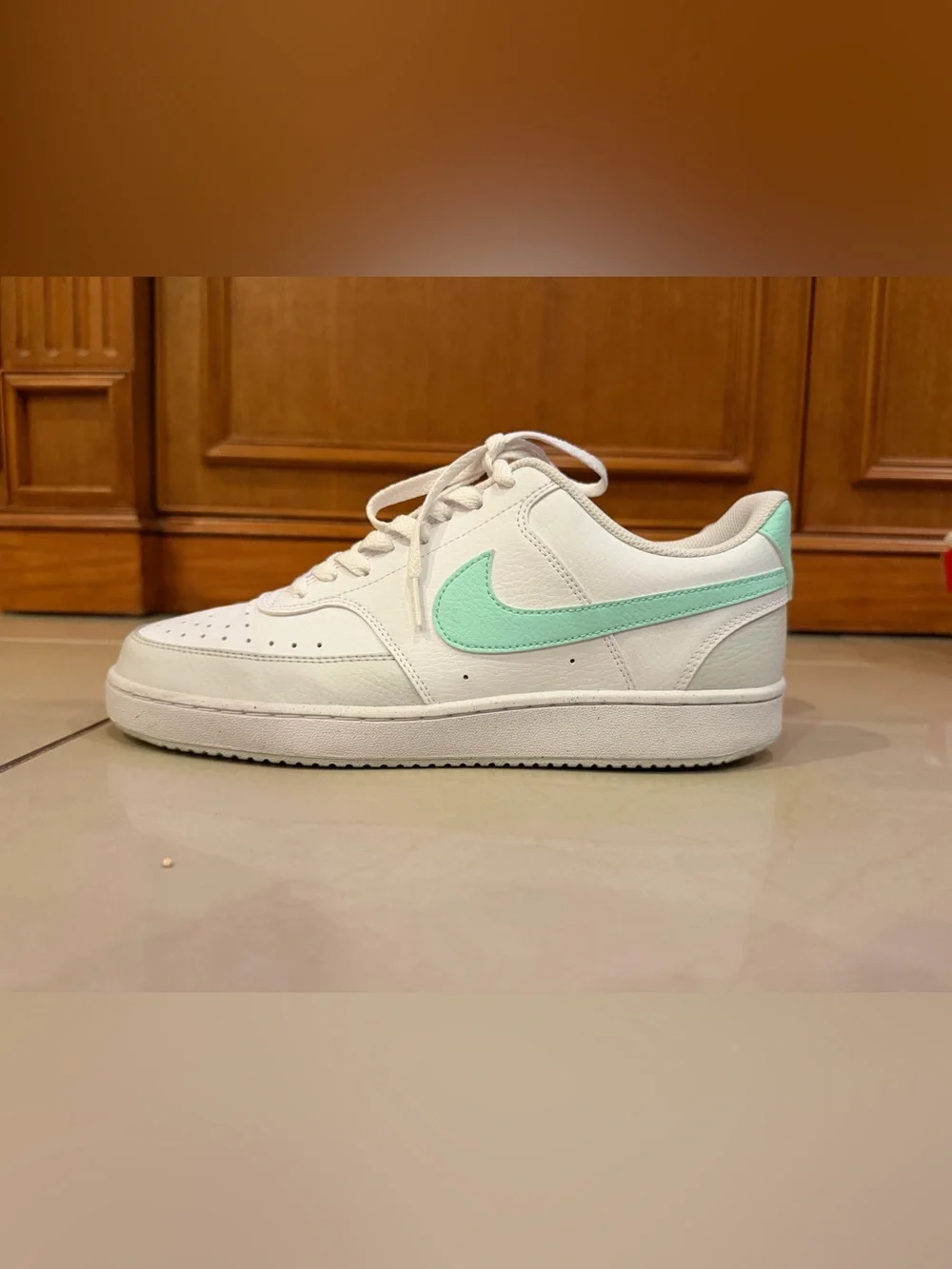 Nike Men’s White Leather Sneakers with Mint Green Swoosh